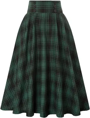 Women's Vintage High Waisted A Line Pleated Casual Plaid Midi Skirts