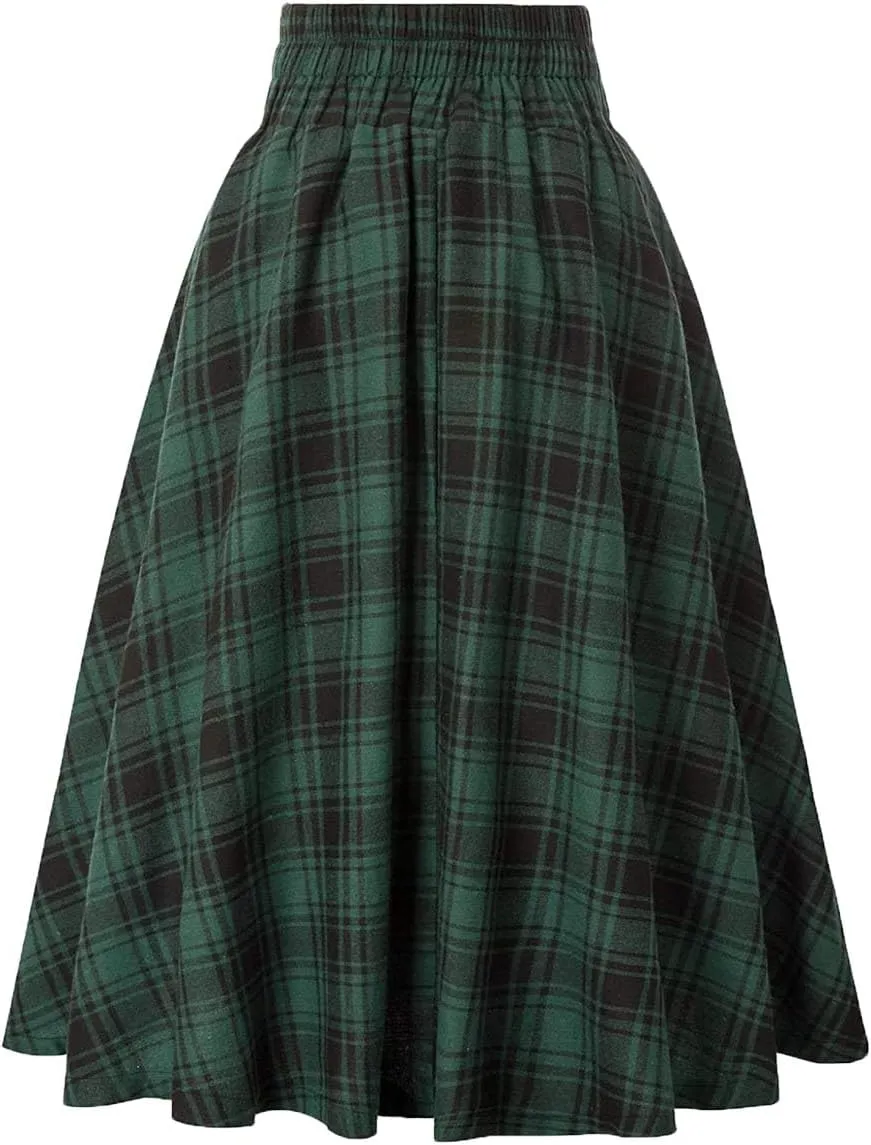 Women's Vintage High Waisted A Line Pleated Casual Plaid Midi Skirts