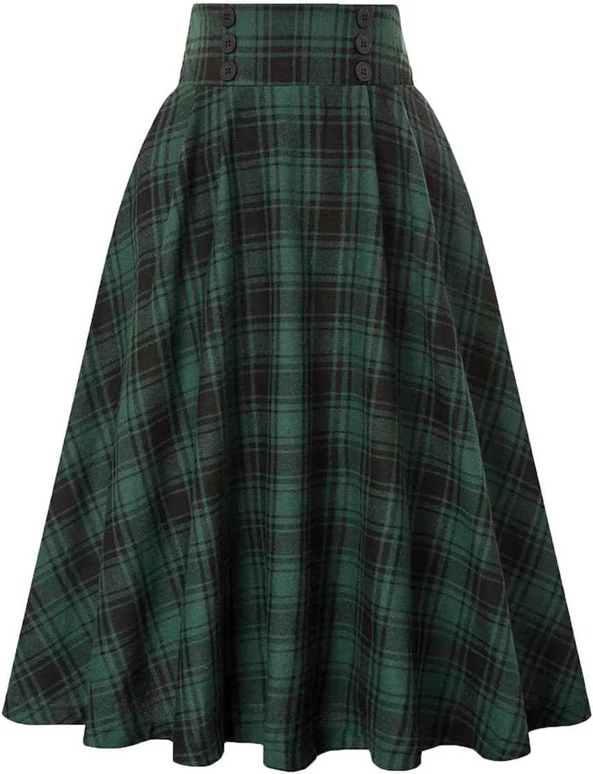 Women's Vintage High Waisted A Line Pleated Casual Plaid Midi Skirts
