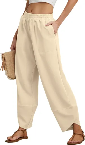 Womens Wide Leg Harem Pants Casual Loose Elastic Waist Solid Color Comfy Palazzo Lounge Baggy Sweatpants with Pockets