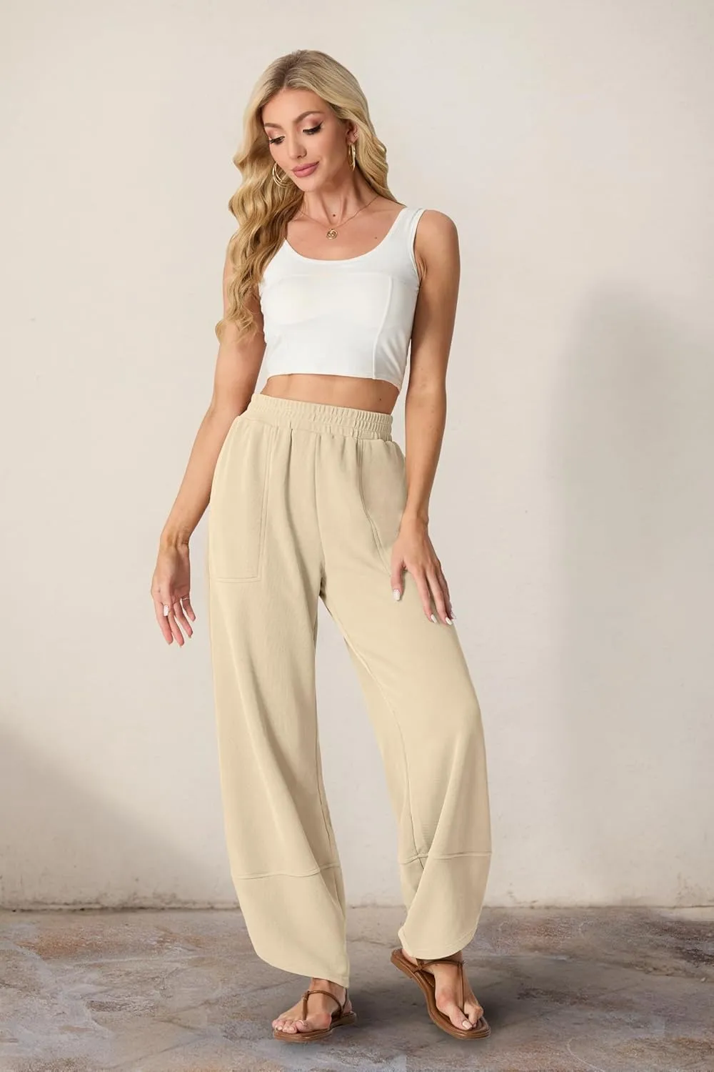 Womens Wide Leg Harem Pants Casual Loose Elastic Waist Solid Color Comfy Palazzo Lounge Baggy Sweatpants with Pockets