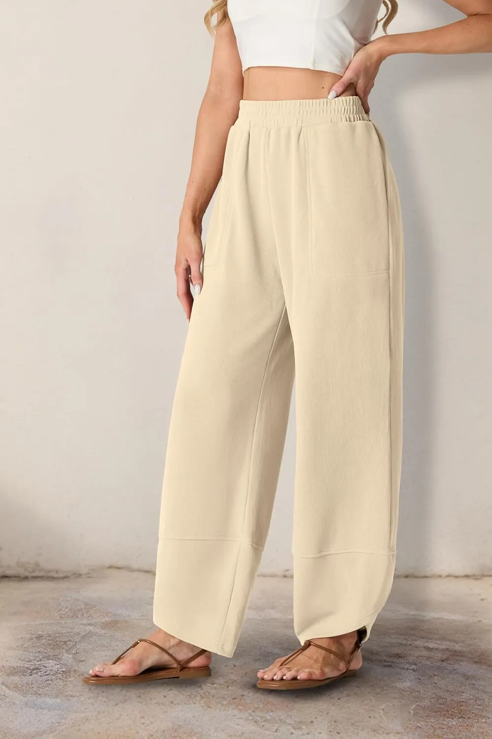 Womens Wide Leg Harem Pants Casual Loose Elastic Waist Solid Color Comfy Palazzo Lounge Baggy Sweatpants with Pockets