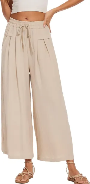Women's Wide Leg Palazzo Pants Flowy Summer Beach Pants Drawstring Elastic High Waist Trousers with Pockets