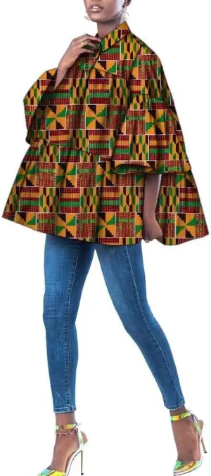 XIAOHUAGUA African Clothes for Women Casual Ankara Floral Print Ruffles Sleeve Loose Shirt Plus Size Mini Dress