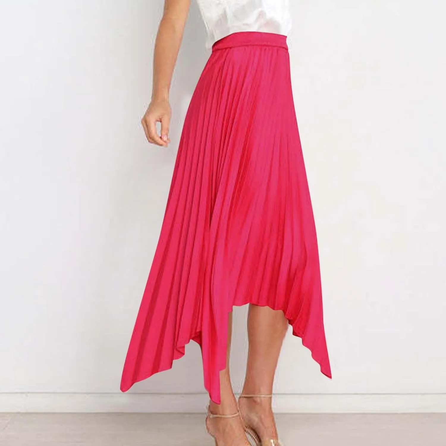 Xiaojmake Pleated Chiffon Skirts for Women High Elastic Waisted Flowy Asymmetrical Skirt Dressy High Low Summer Midi Skirts