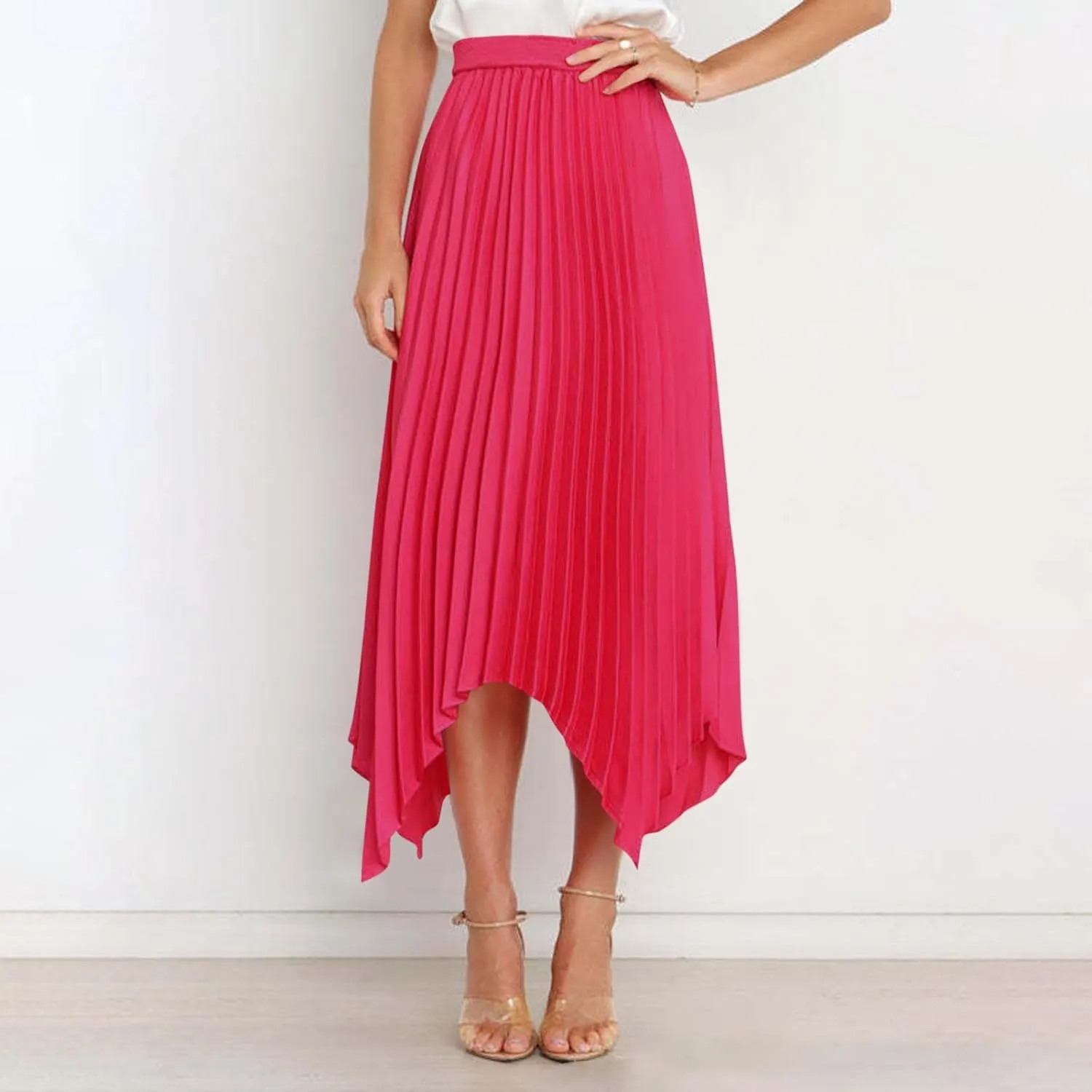 Xiaojmake Pleated Chiffon Skirts for Women High Elastic Waisted Flowy Asymmetrical Skirt Dressy High Low Summer Midi Skirts