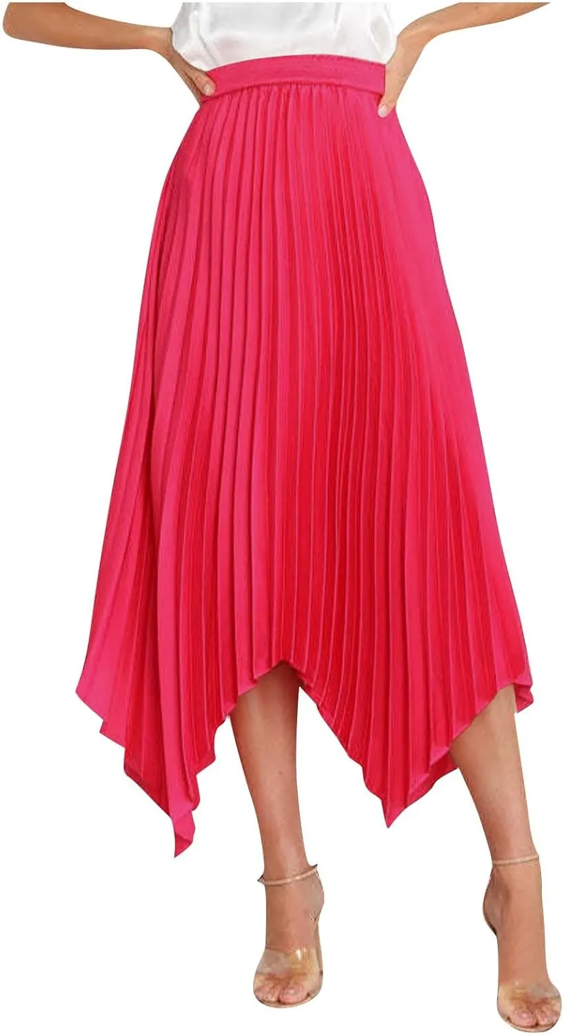Xiaojmake Pleated Chiffon Skirts for Women High Elastic Waisted Flowy Asymmetrical Skirt Dressy High Low Summer Midi Skirts