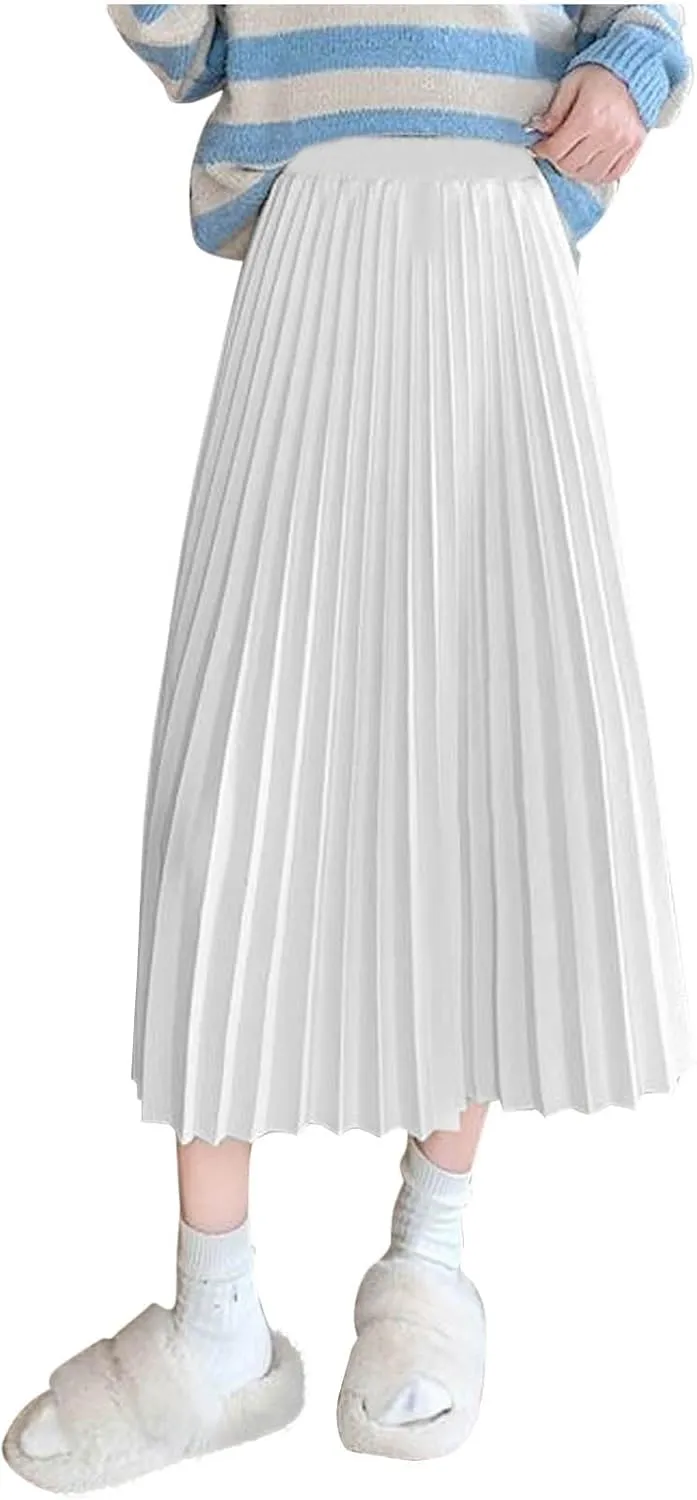 Xiaojmake Pleated Midi Skirts for Women A-Line High Elastic Waisted Summer Flowy Beach Maxi Skirt Chiffon Long Swing Skirts