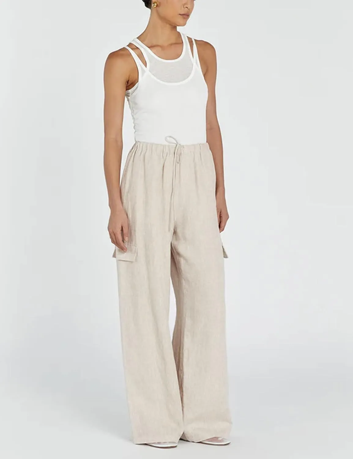 Xiaoxuemeng Womens Cotton Linen Wide Leg Pants Casual Elastic Waisted Cargo Pants with Pockets