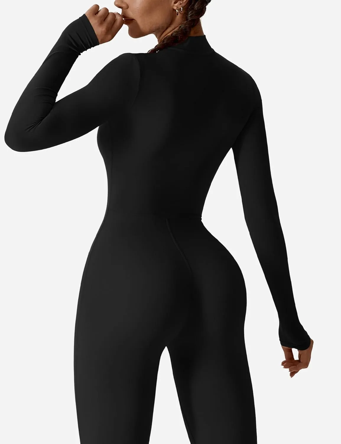YEOREO Women Long Sleeve Workout Jumpsuit Zip Up Romper Bottom Pants Bodysuit Bodycon Sexy One Piece