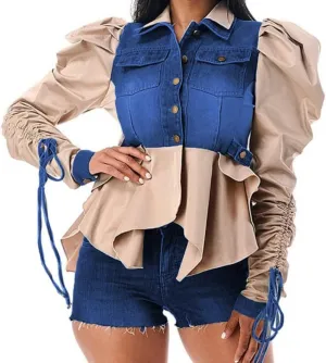 YOOTIKO Women Button Down Patchwork Shirt Y2K Casual Denim Jacket Long Sleeve Crop Top