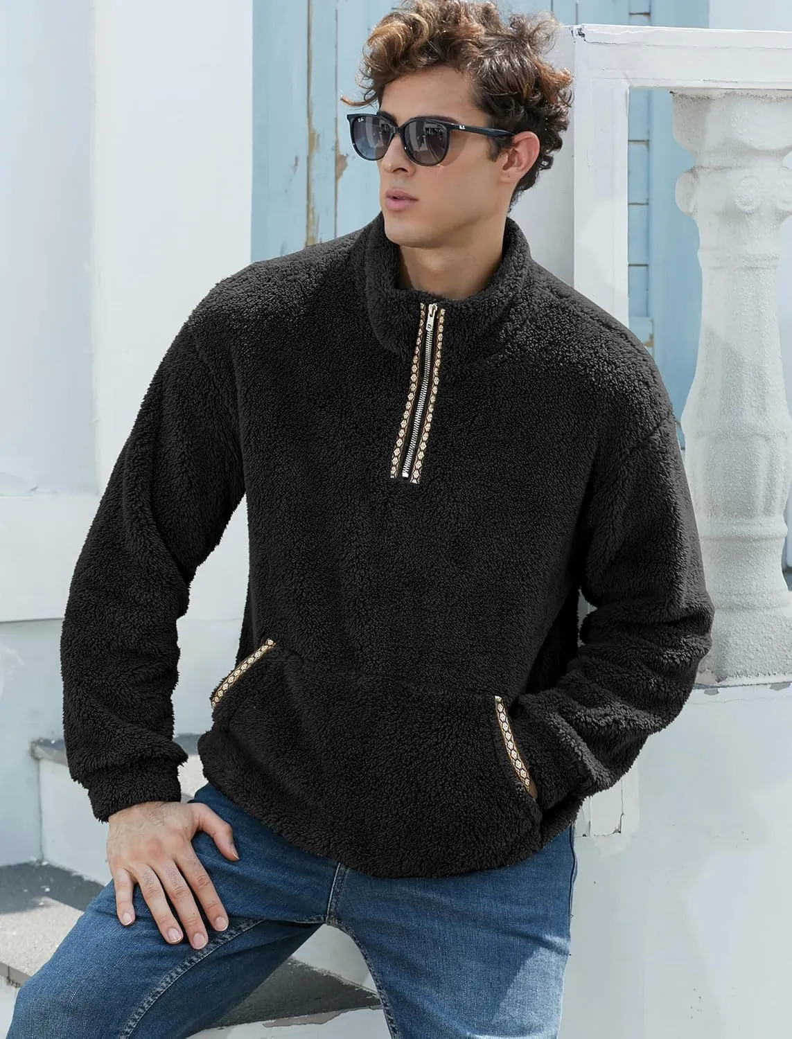 ZAFUL Mens 1/4 Zipper Fleece Sherpa Pullover Sweatshirt Ethnic Aztec Printed Kangaroo Pocket Fall Winter Unisex Hoodie Tops