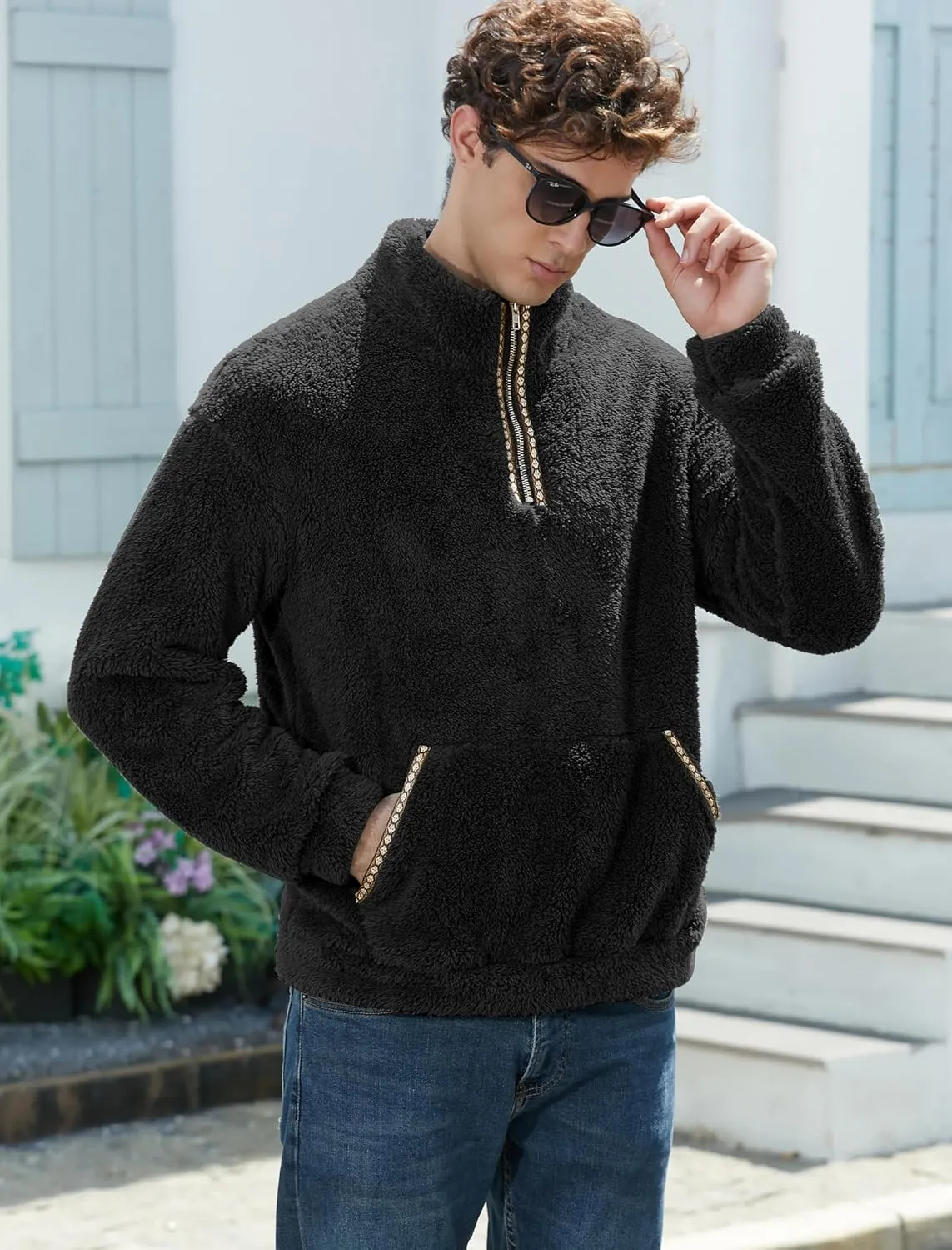 ZAFUL Mens 1/4 Zipper Fleece Sherpa Pullover Sweatshirt Ethnic Aztec Printed Kangaroo Pocket Fall Winter Unisex Hoodie Tops