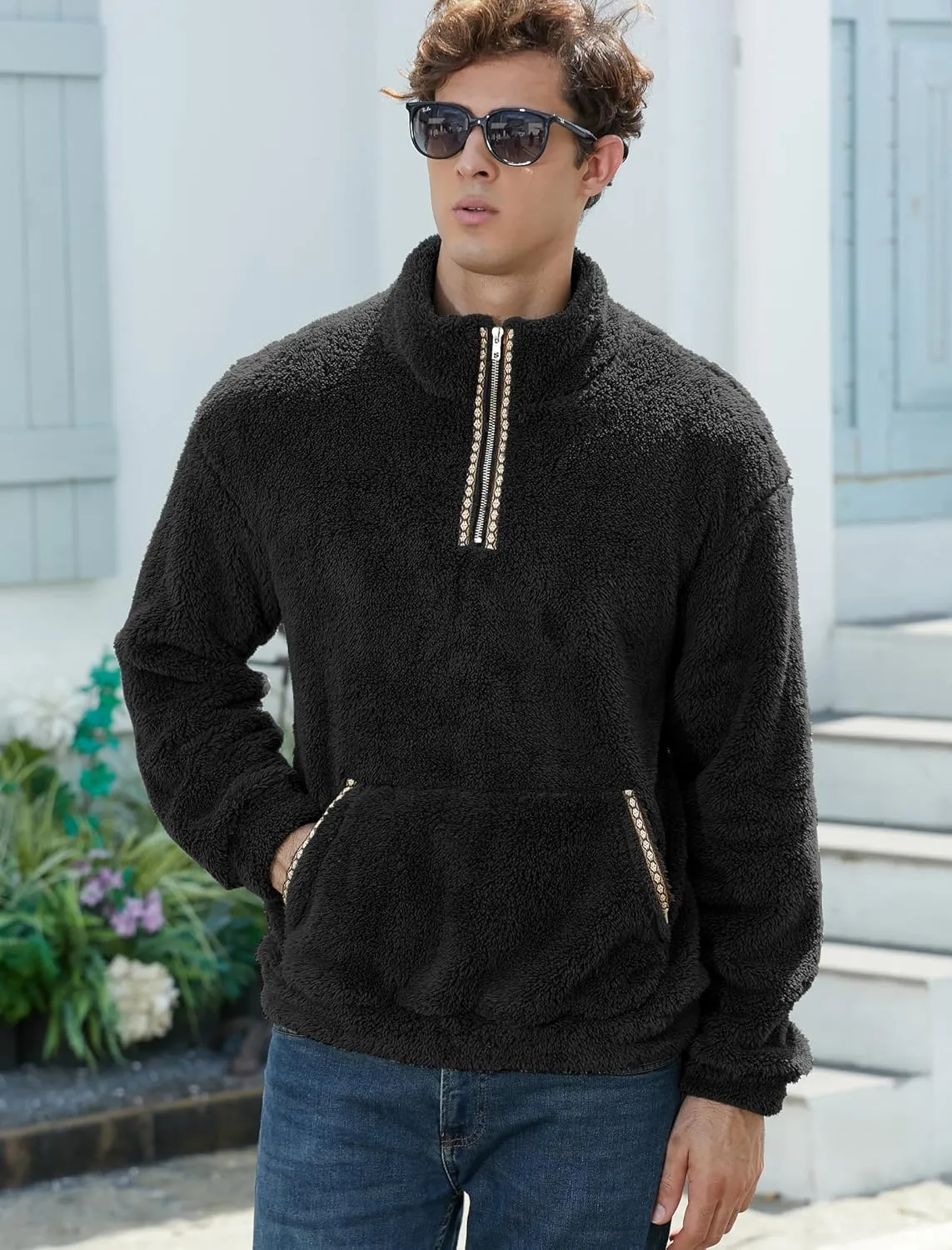 ZAFUL Mens 1/4 Zipper Fleece Sherpa Pullover Sweatshirt Ethnic Aztec Printed Kangaroo Pocket Fall Winter Unisex Hoodie Tops