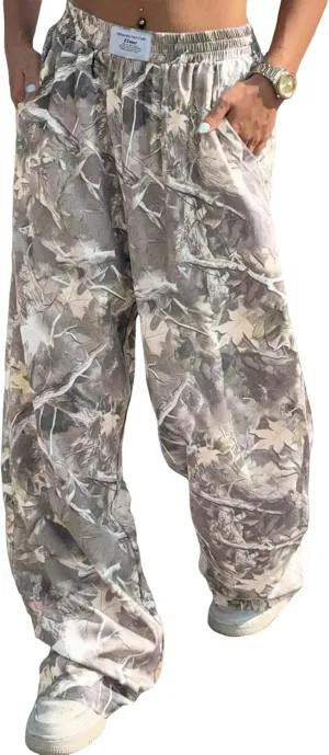 ZAFUL Women's Camo Cargo Pants Y2K Elastic High Waisted Wide Leg Casual Straight Pants Joggers Sweatpants with Patch Detail