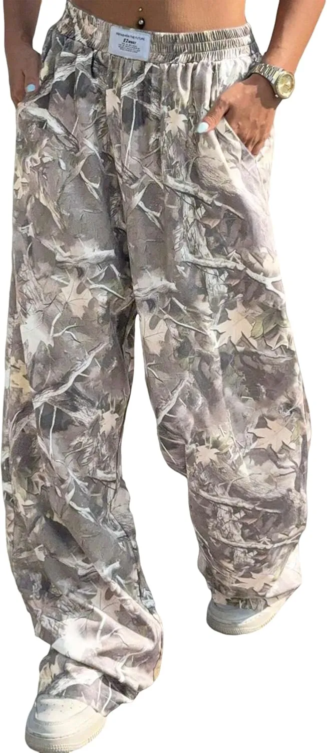 ZAFUL Women's Camo Cargo Pants Y2K Elastic High Waisted Wide Leg Casual Straight Pants Joggers Sweatpants with Patch Detail
