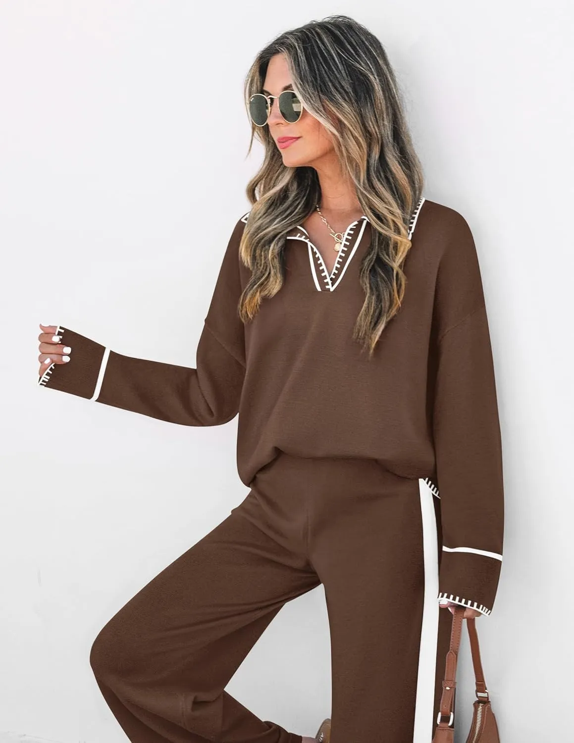 ZESICA Women's 2 Piece Fall Outfits Long Sleeve V Neck Knit Sweater Tops Wide Leg Pants Sweatsuit Lounge Sets