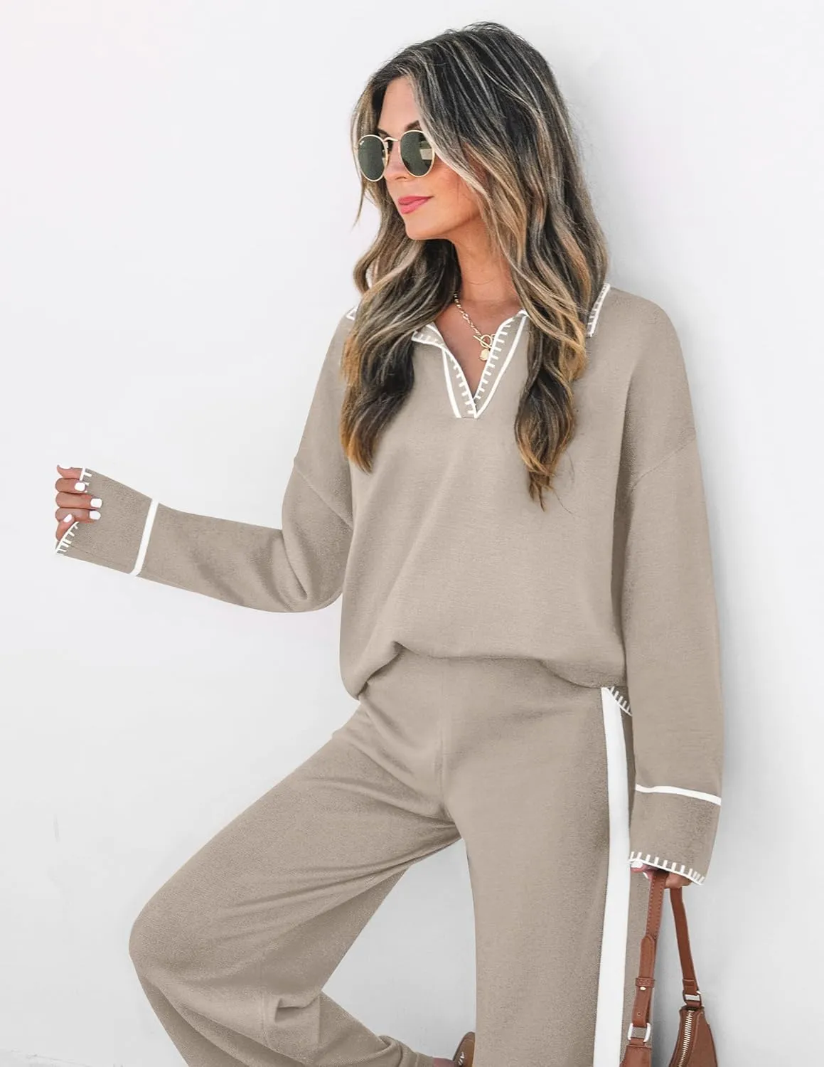 ZESICA Women's 2 Piece Fall Outfits Long Sleeve V Neck Knit Sweater Tops Wide Leg Pants Sweatsuit Lounge Sets