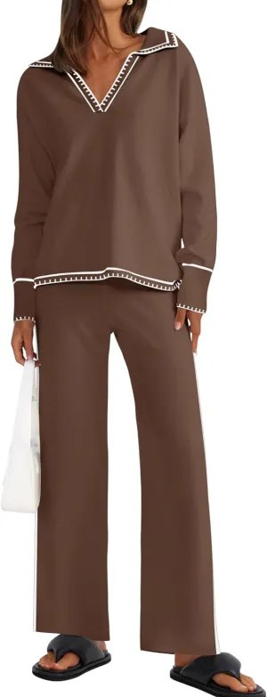 ZESICA Women's 2 Piece Fall Outfits Long Sleeve V Neck Knit Sweater Tops Wide Leg Pants Sweatsuit Lounge Sets