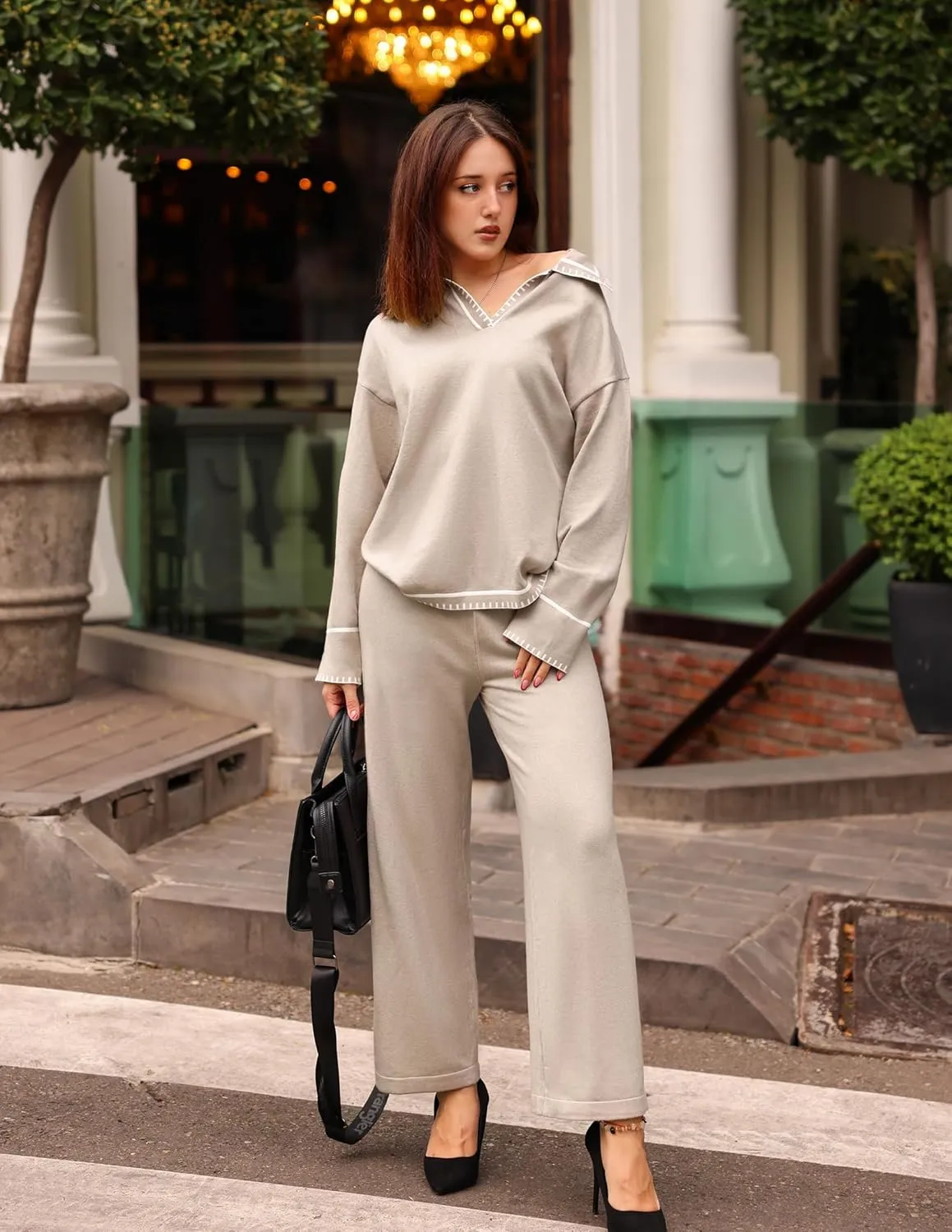 ZESICA Women's 2 Piece Fall Outfits Long Sleeve V Neck Knit Sweater Tops Wide Leg Pants Sweatsuit Lounge Sets