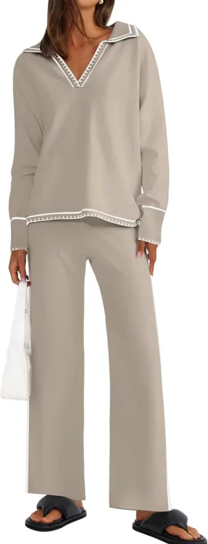 ZESICA Women's 2 Piece Fall Outfits Long Sleeve V Neck Knit Sweater Tops Wide Leg Pants Sweatsuit Lounge Sets