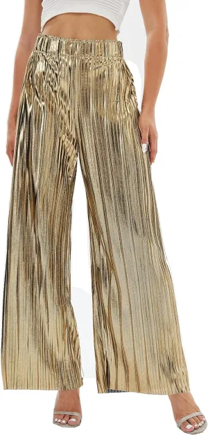 zsangbee Women's Metallic Sparkle Wide Leg Sequin Shiny Pants Party Club Casual Silver Gold Pants