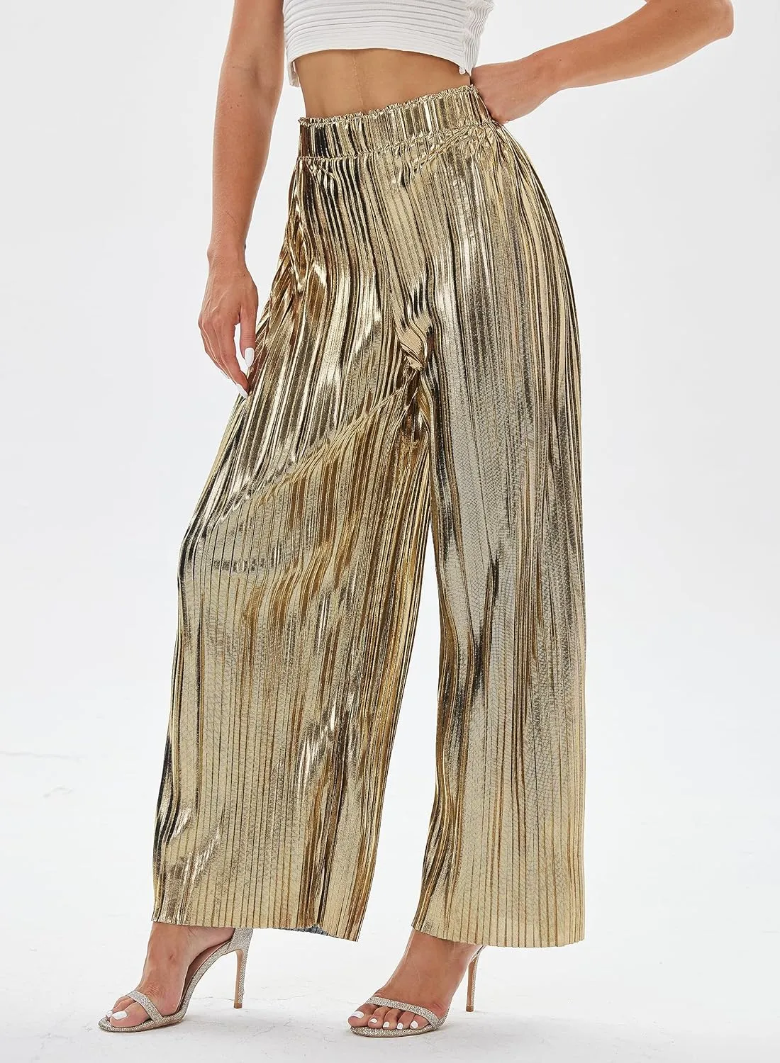 zsangbee Women's Metallic Sparkle Wide Leg Sequin Shiny Pants Party Club Casual Silver Gold Pants