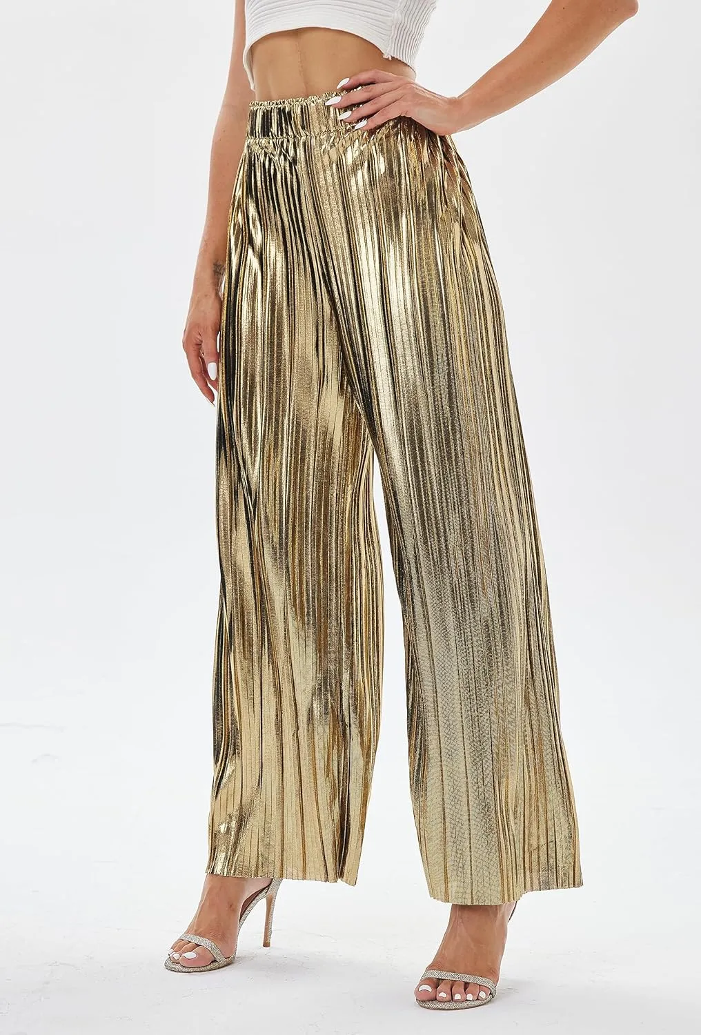 zsangbee Women's Metallic Sparkle Wide Leg Sequin Shiny Pants Party Club Casual Silver Gold Pants