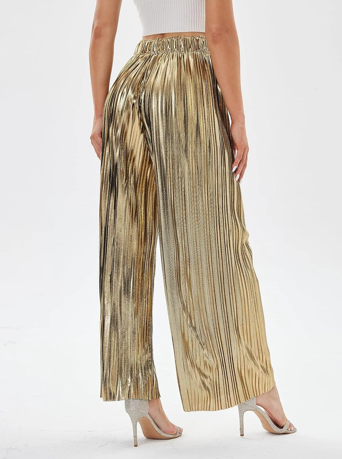 zsangbee Women's Metallic Sparkle Wide Leg Sequin Shiny Pants Party Club Casual Silver Gold Pants
