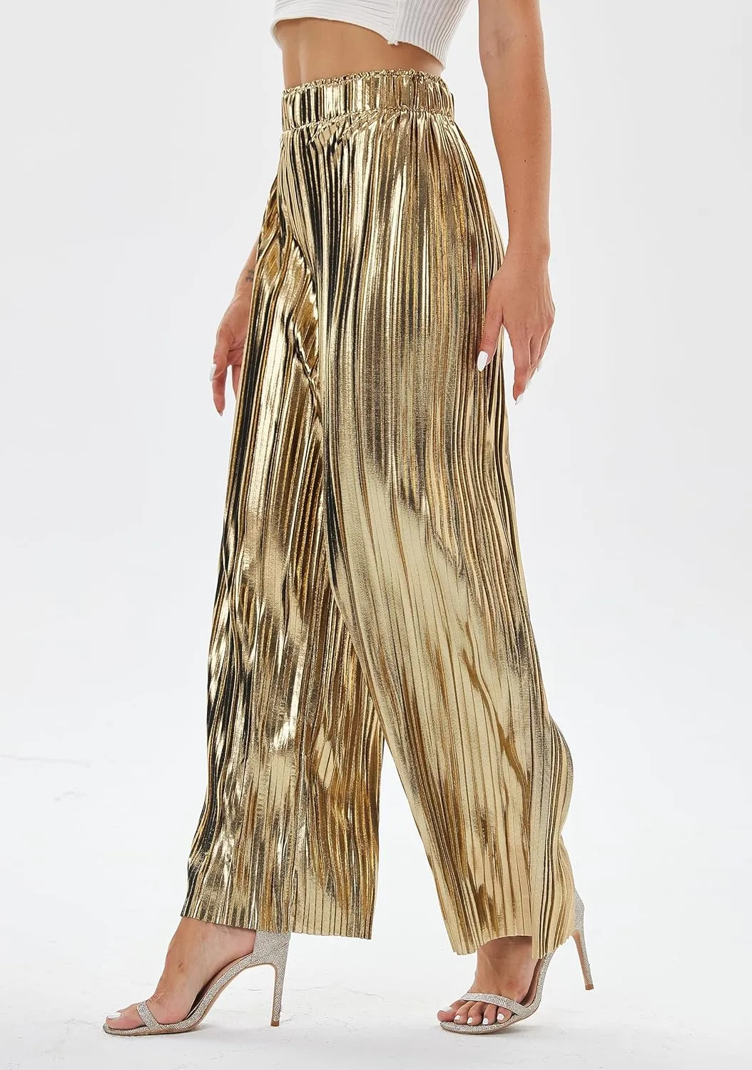 zsangbee Women's Metallic Sparkle Wide Leg Sequin Shiny Pants Party Club Casual Silver Gold Pants